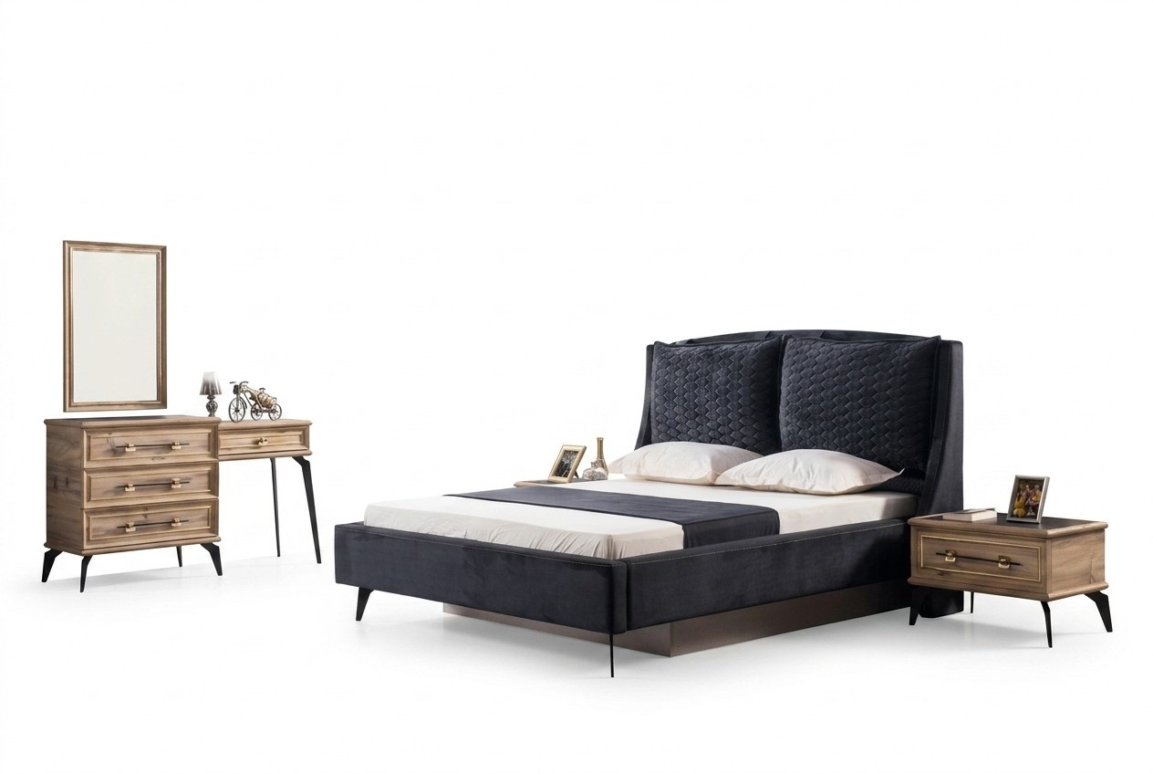 Bedroom set 4 pieces modern luxury bed 2 bedside tables chest of drawers included