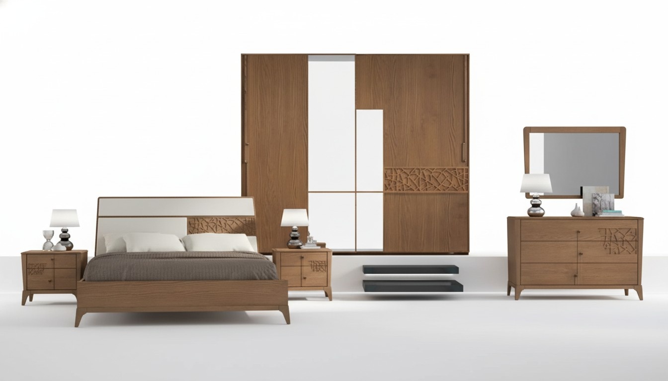 Bedroom Set 6pcs. Luxury Bed 2x Bedside Tables Wardrobe Wood New