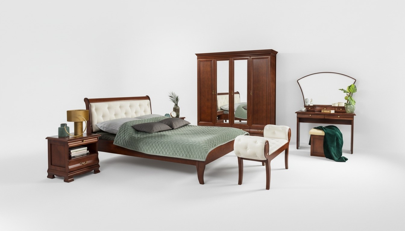 Bedroom set 6 pieces 2x nightstands Chesterfield bed wooden furniture classic