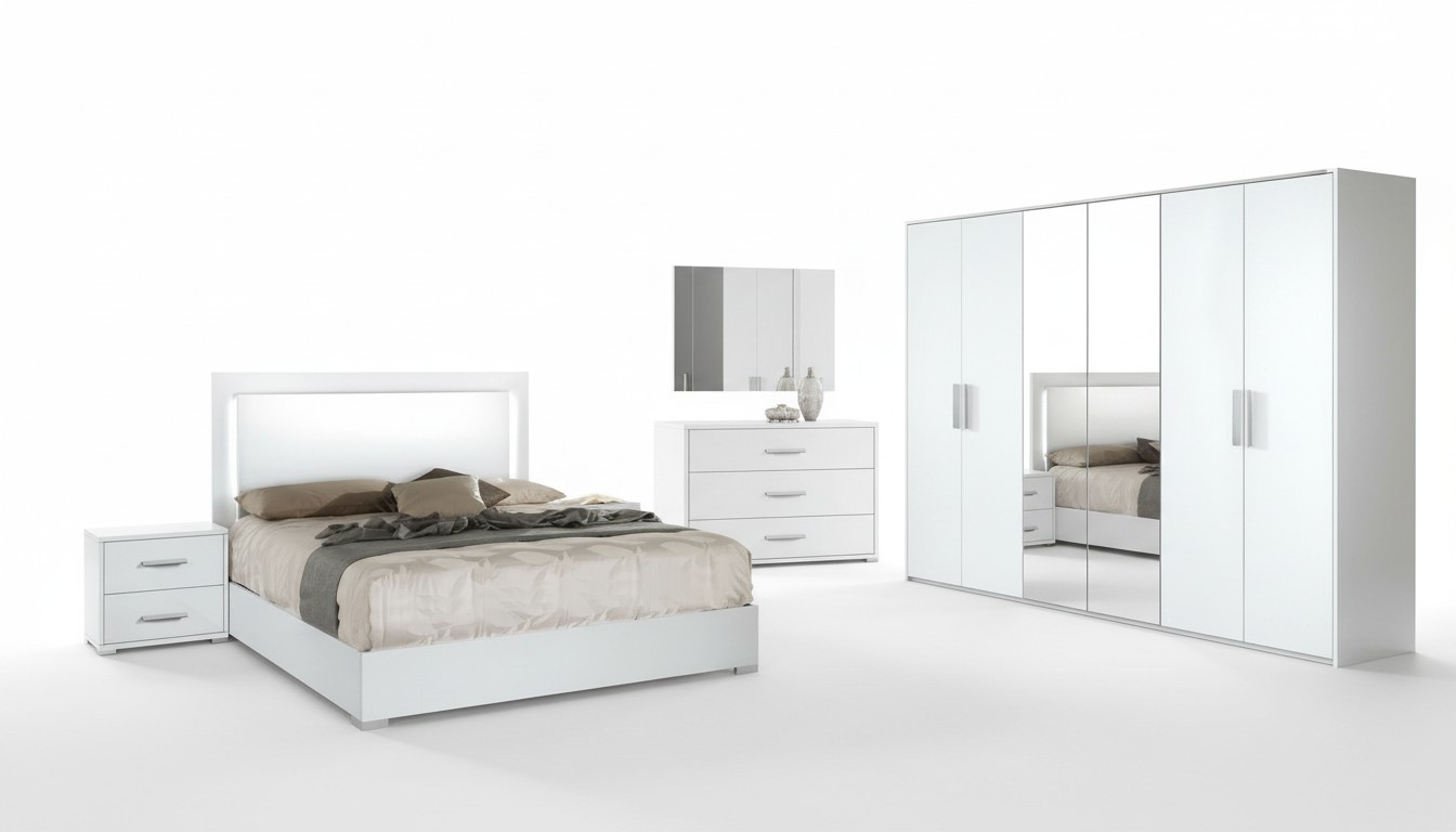 Bedroom set 6pcs bed bedside table closet chest of drawers mirror set