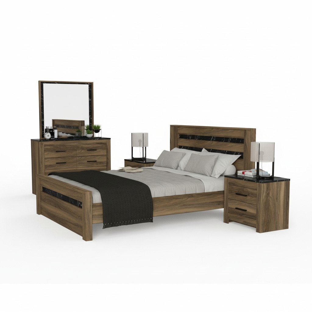Bedroom set bed + 2 nightstands + dresser stylish 4-piece brown luxury furniture.