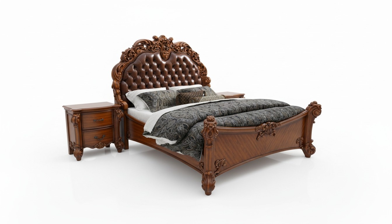 Baroque style made of real wooden bedroom set of 2-bedside tables & chesterfield double bed