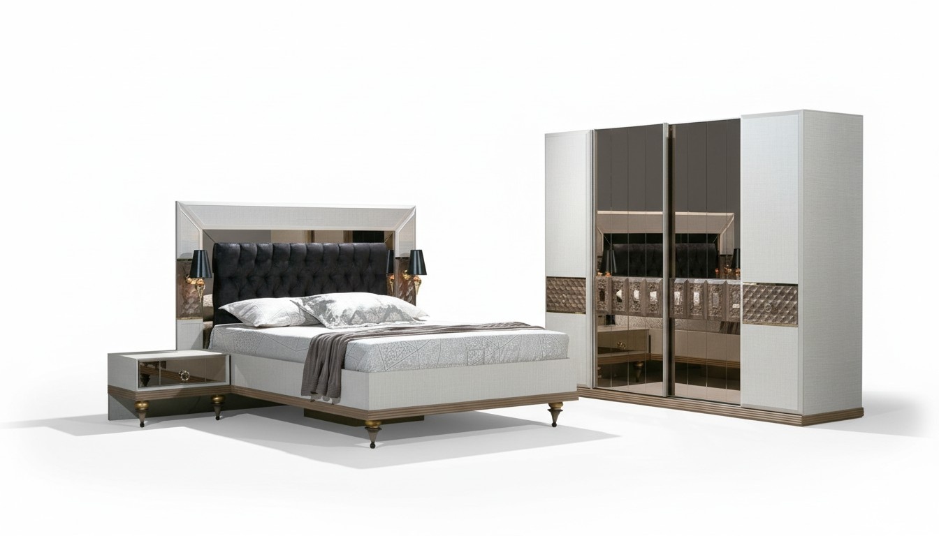Bedroom Set Bed 2x Bedside Tables Textile Wardrobe Modern 4pcs.