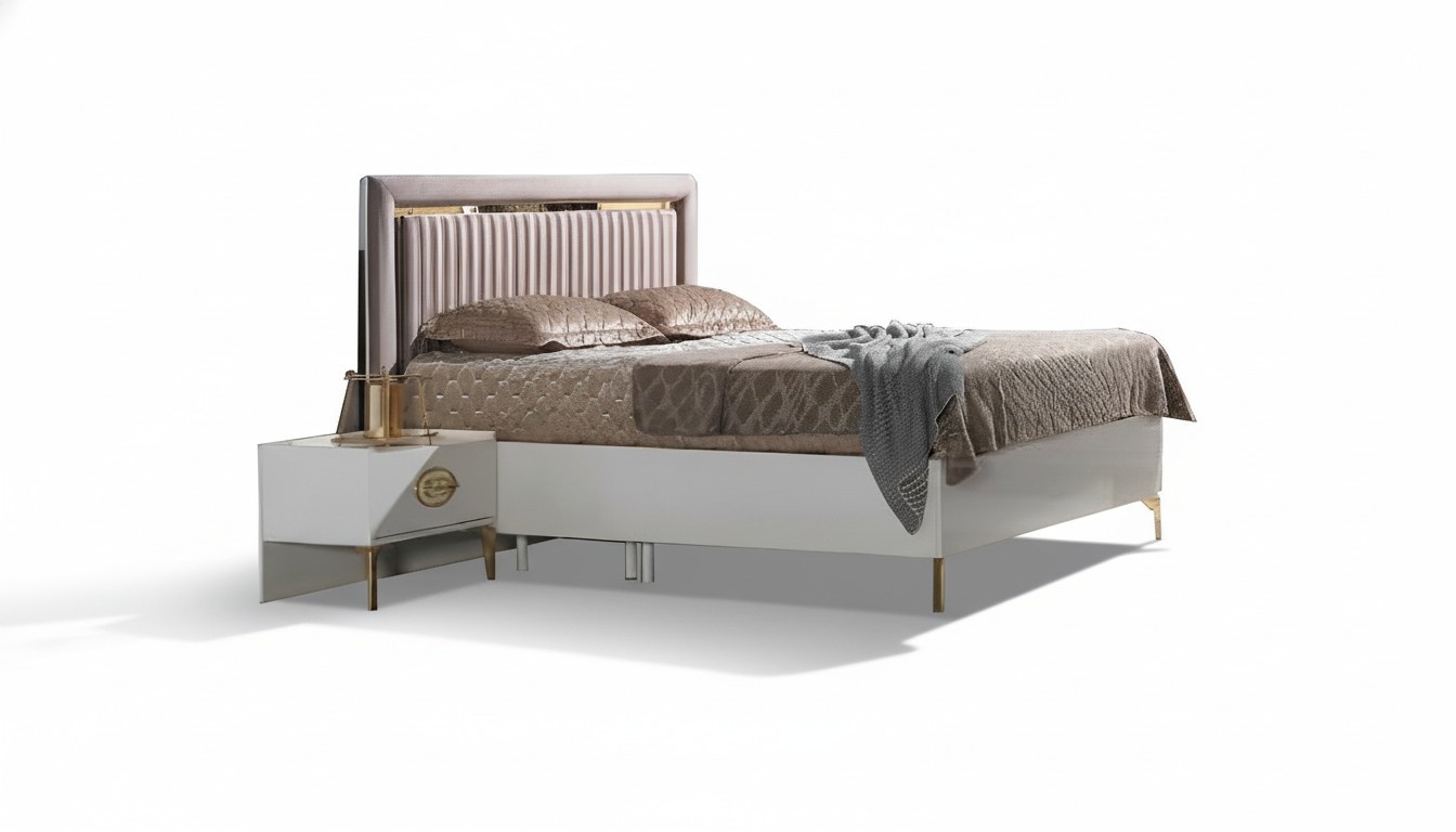 Bedroom set bed + 2 nightstands modern beige furniture set 3 pieces.