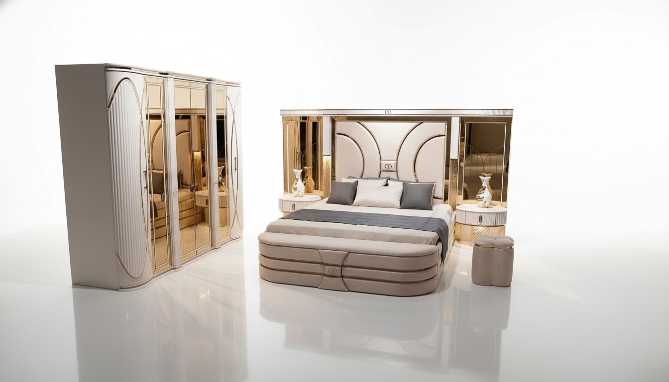 Bedroom set bed 2x bedside tables stool luxury new 5-piece design wood