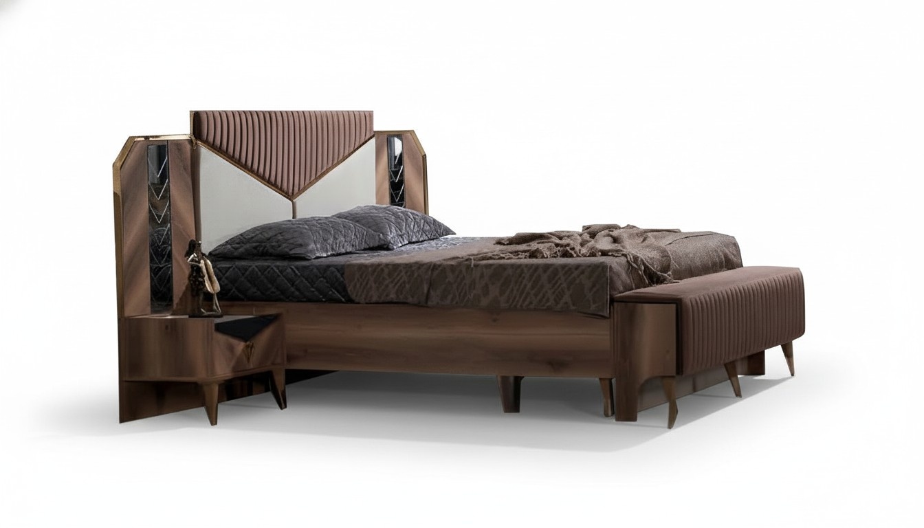 Bedroom set bed + 2 nightstands modern brown furniture set 3 pieces.