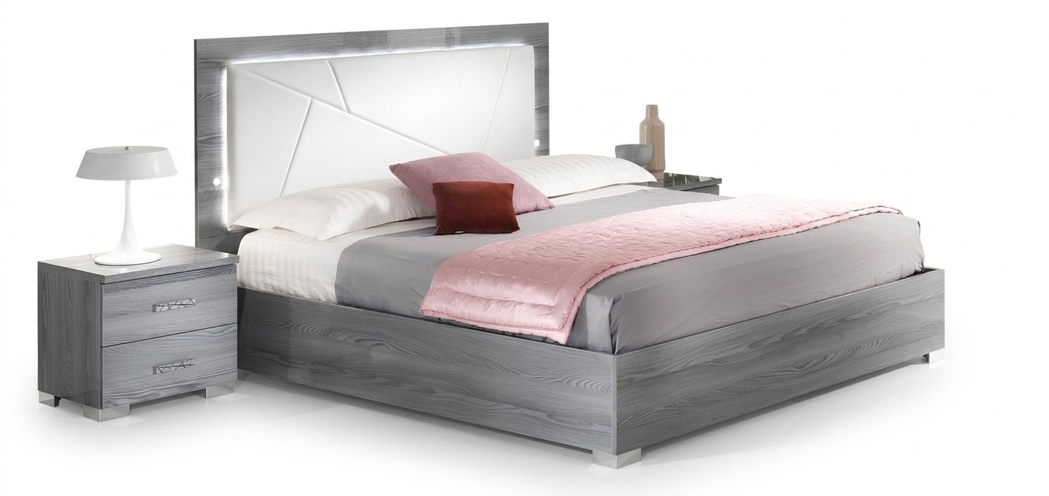 Loft style modern bedroom set of marriage double bed with light & 2x-bedside tables
