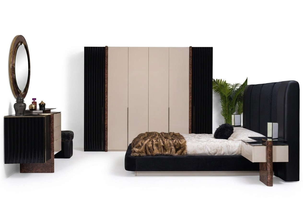 Bedroom set bed 2x bedside tables wardrobe chest of drawers design furniture