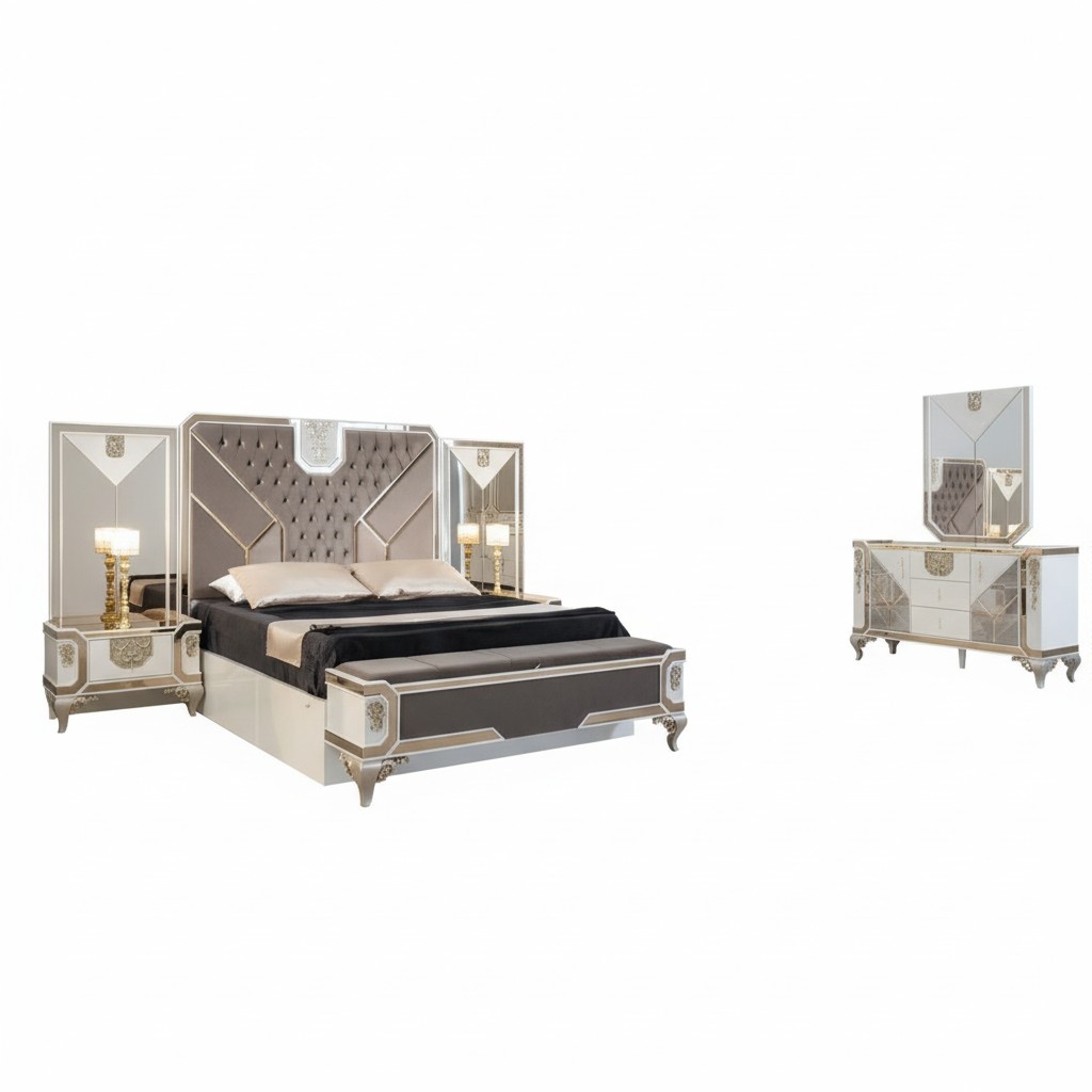 Bedroom set bed 2 nightstands bench wardrobe dresser luxury 6-piece