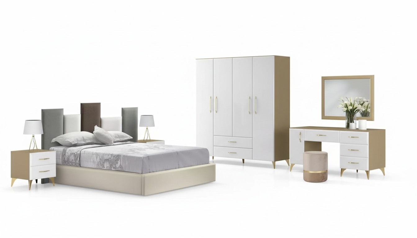 Bedroom Set Bed 2x Bedside Table Chest of Drawers 7pcs Design Luxury