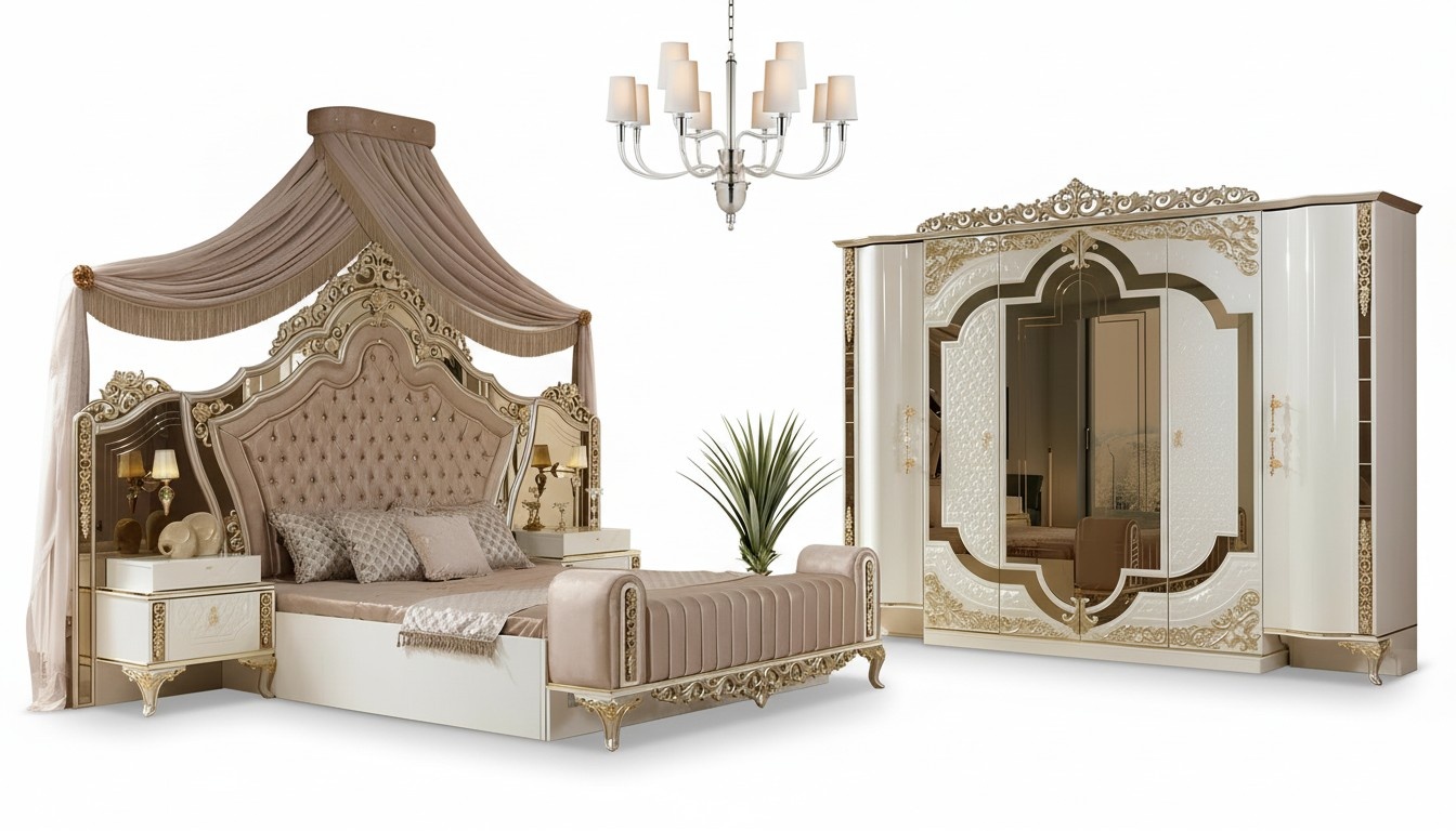 Bedroom set bed 2x bedside tables design luxury new 5-piece white