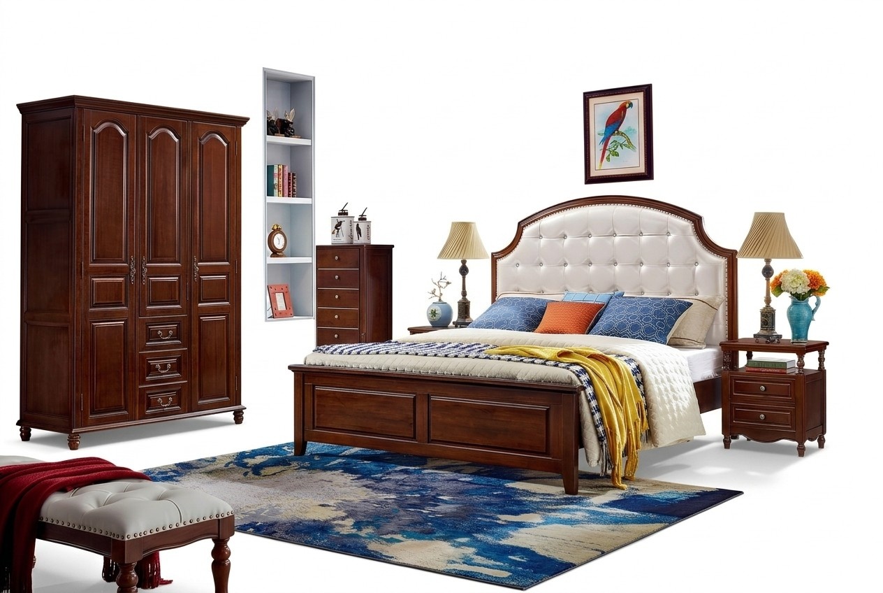 Bedroom Set Bed 2x Bedside Tables Wood Wardrobe Luxury Classic 4pcs.