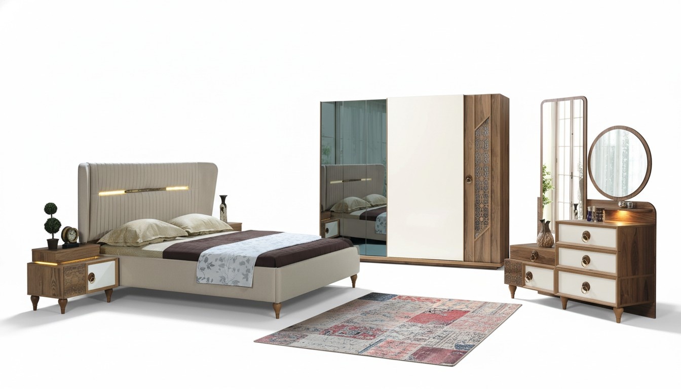 Bedroom set bed 2х bedside tables 5pcs textile wood closet