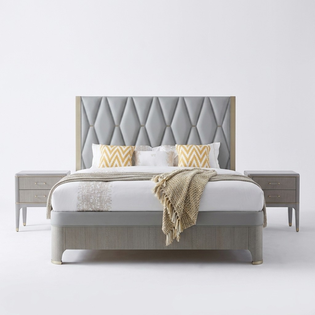 Bedroom set of leather upholstered double bed & 2x-bedside tables in modern style