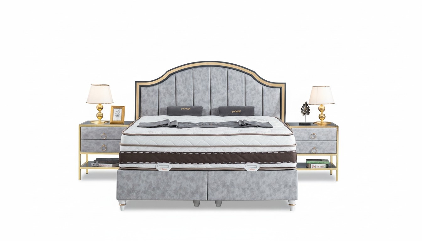 Bedroom set bed gray metal fabric design luxury 2x nightstands 3 pieces. New