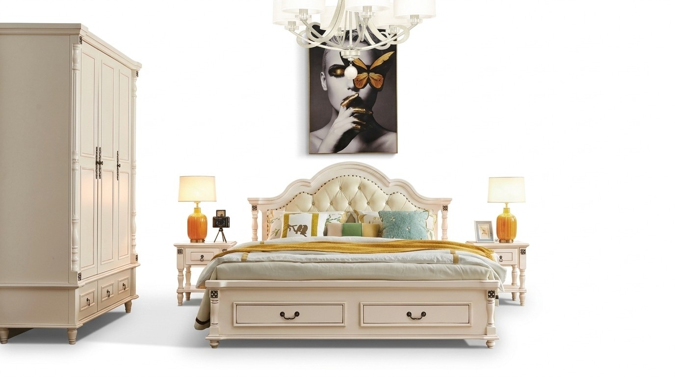 Bedroom set bed nightstand closet hotel beds wood design 4pcs.