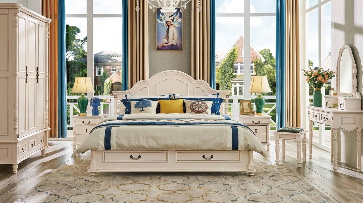 Bedroom Set Bed Nightstand Wardrobe Chair Dressing Table Design 6pcs.