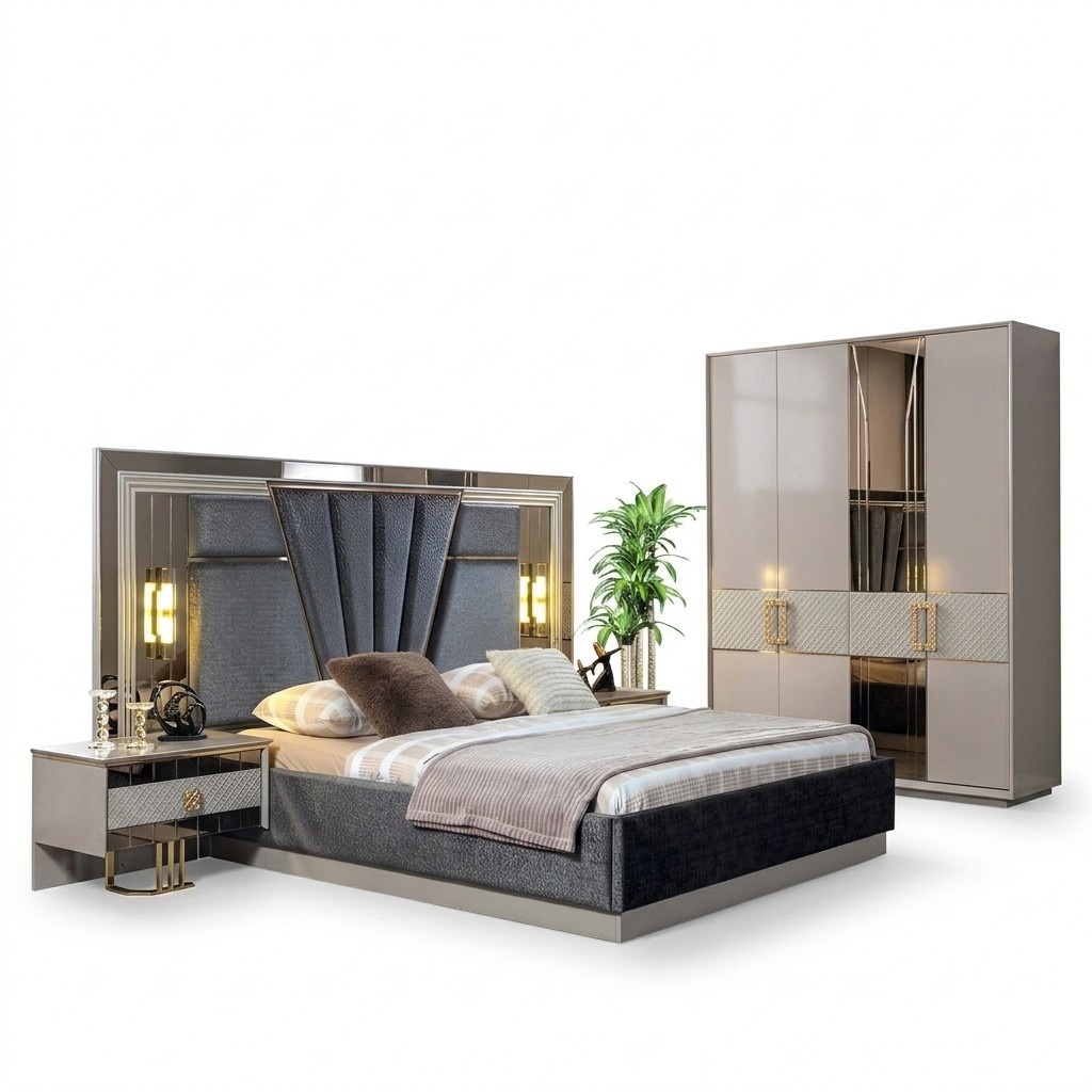 Bedroom set bed with 2x bedside tables Complete luxury furnishings Modern