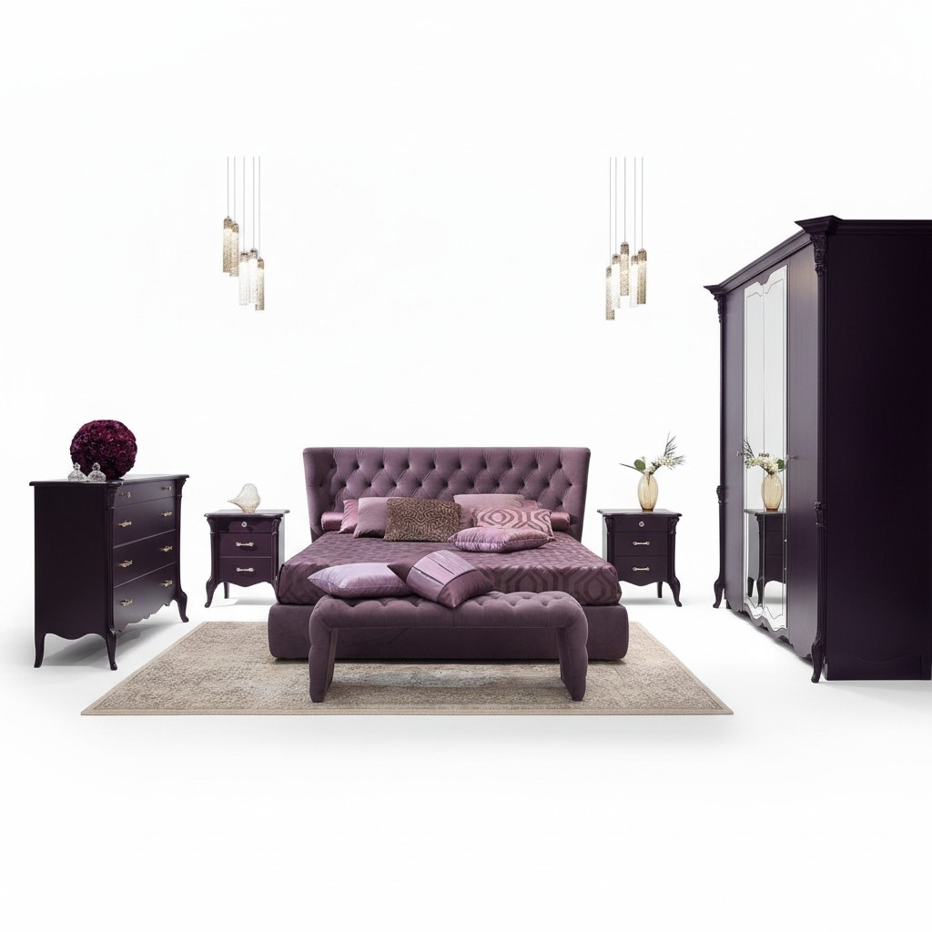 Bedroom set bed 2x bedside tables stool 3 pieces. Chesterfield complete