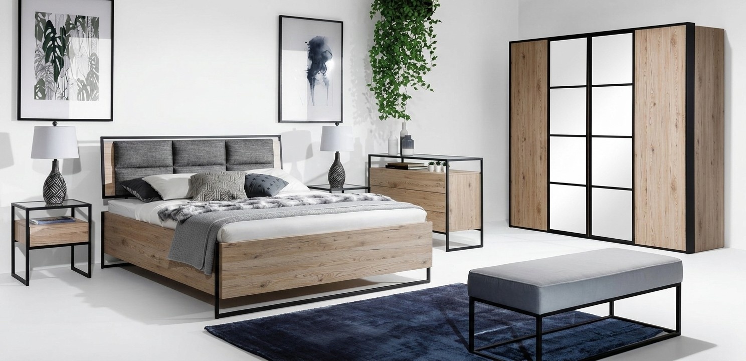 Bedroom set beige bed 2x bedside tables chest of drawers wardrobe new 5 pieces.