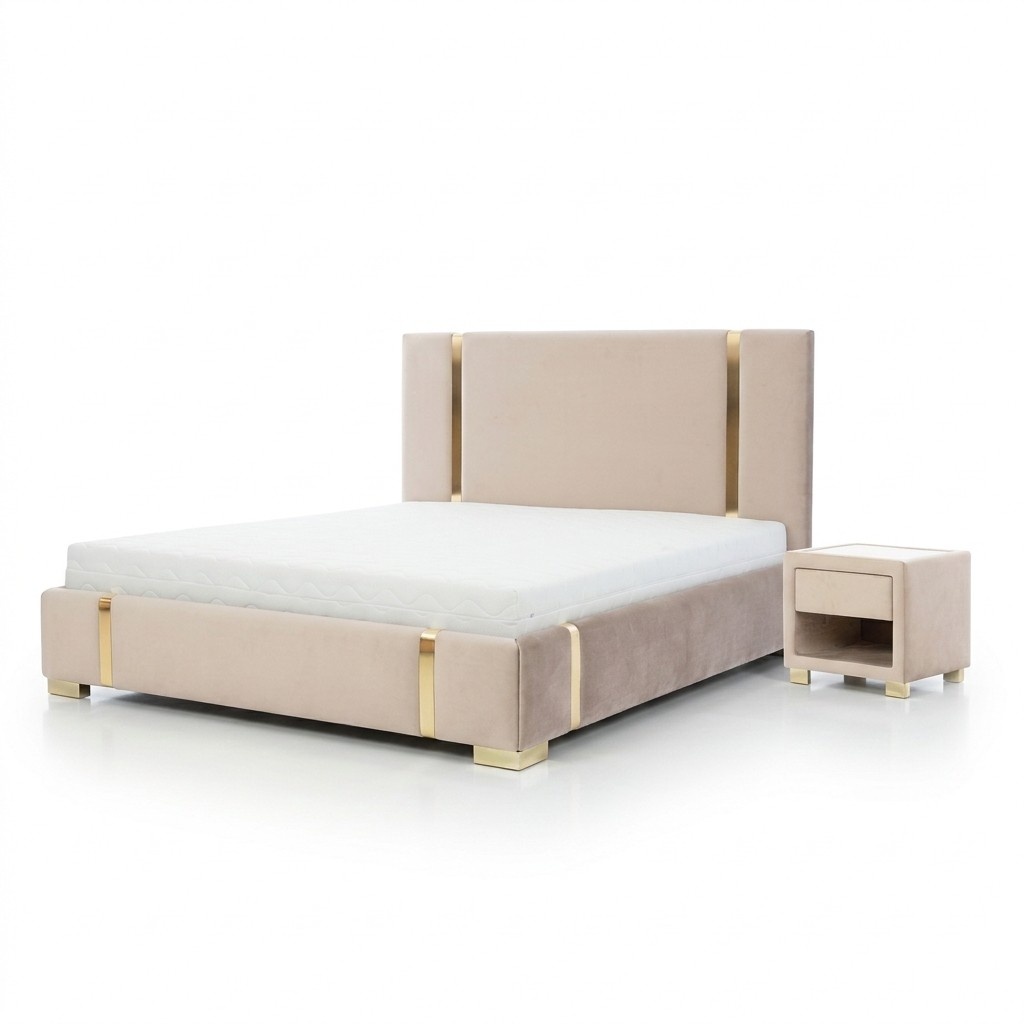 Bedroom Set Beige Bed Elegant 2x Bedside Tables Luxury Furniture Modern 3-piece.