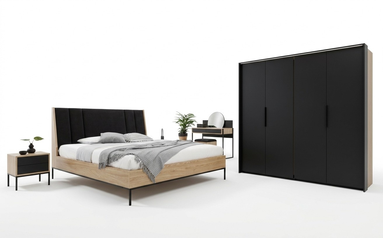 Bedroom set beige bed 2x bedside tables cupboard dressing table luxury new 5 pieces.