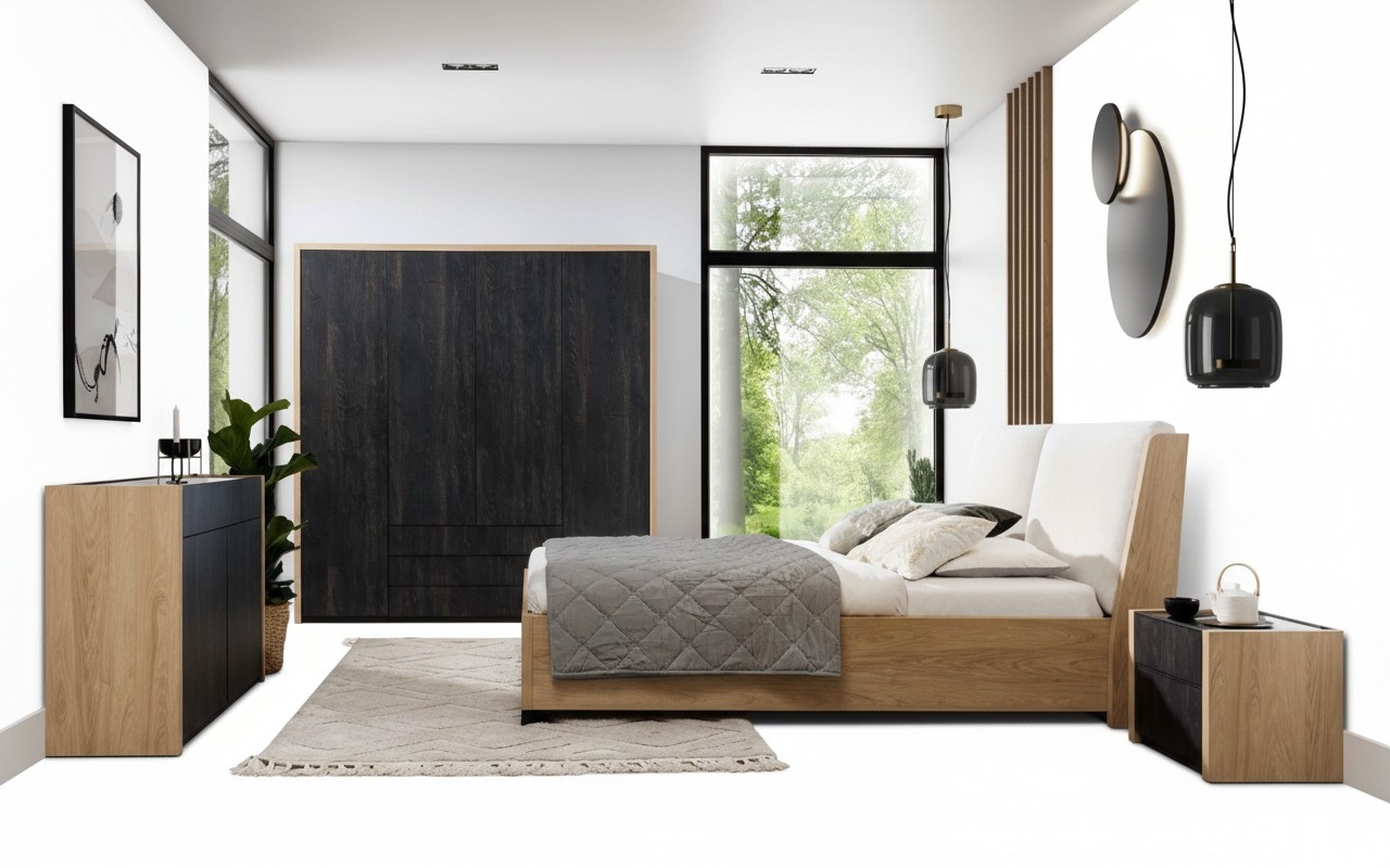 Bedroom Set Beige Bed 2x Bedside Tables Chest of Drawers Modern 5pcs.