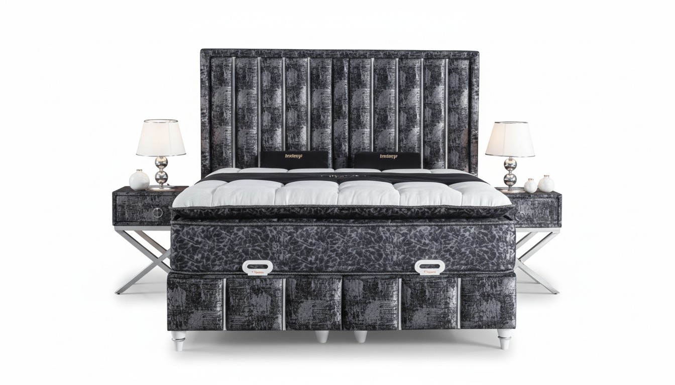 Bedroom set black bed design with mattress 2x bedside tables 3 pcs