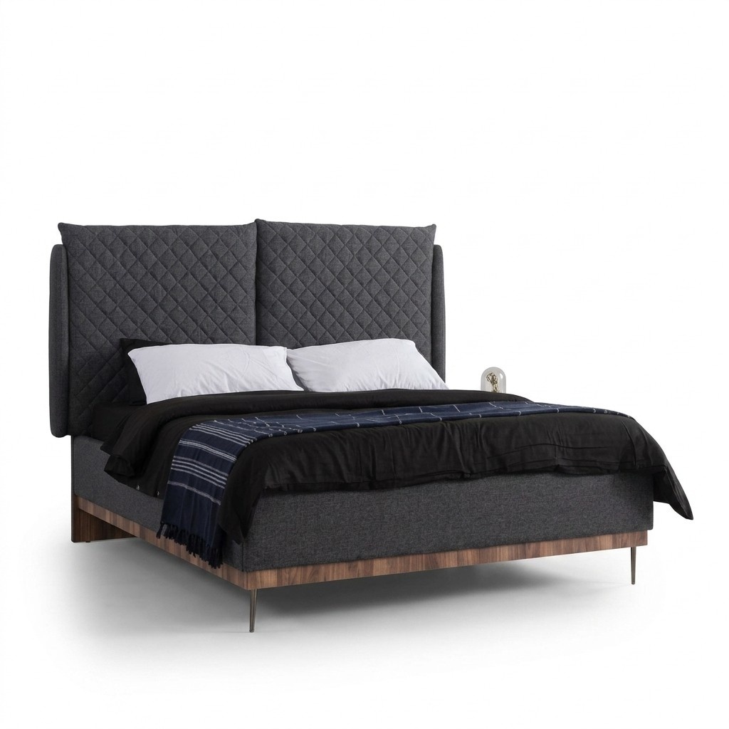Bedroom set black double bed white 2x wooden nightstands