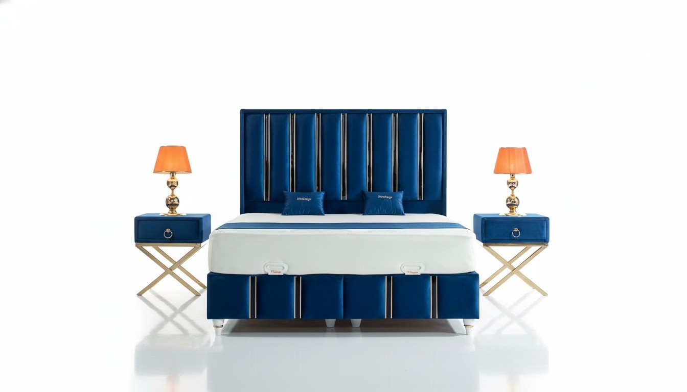 Bedroom Set Blue Metal Bed Elegant Style 2x Bedside Tables 3pcs.