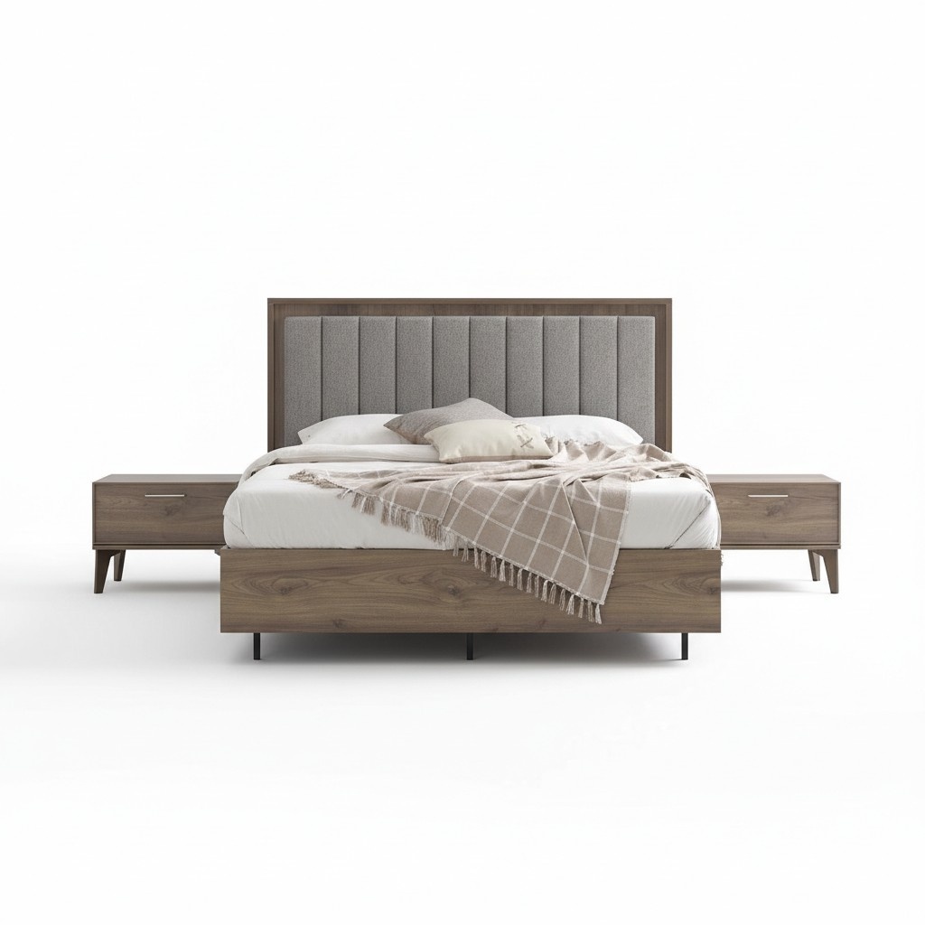 Bedroom set double bed bed bedside tables brown wood set 3pcs