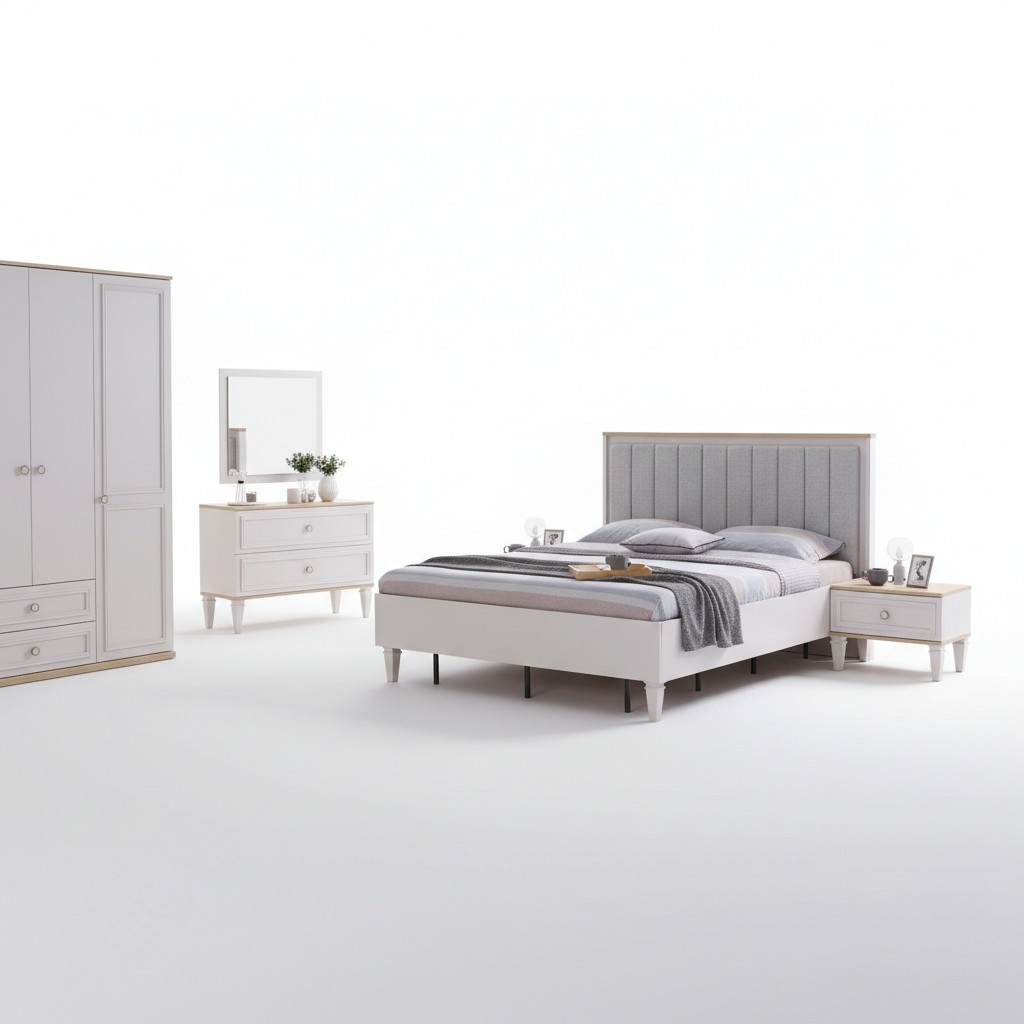 Bedroom set double bed bed bedside tables grey wood set 5 pcs