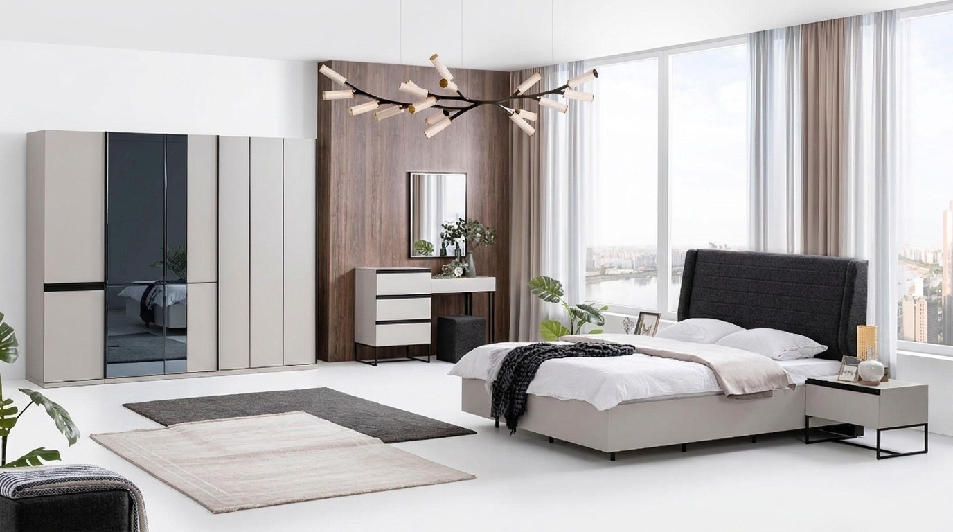 Bedroom set double bed bed bedside tables wood set 7 pcs white