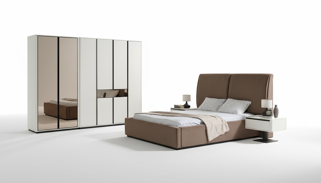 Bedroom set double bed bed bedside tables 4 pieces beige wardrobe