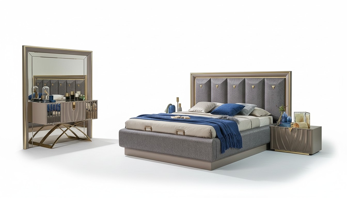 Bedroom set double bed bed brown set 4-piece console table new