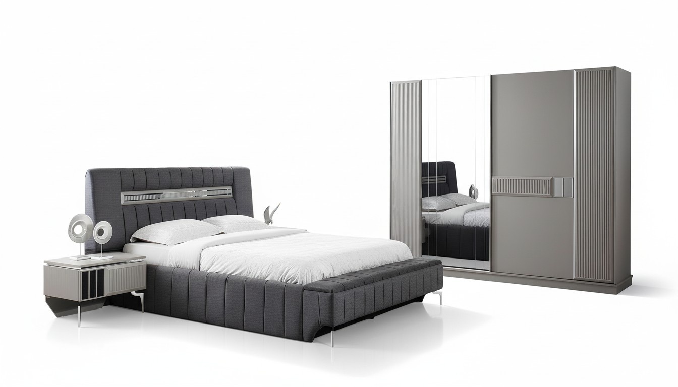 Bedroom set double bed bed bedside tables 4 pieces gray wardrobe