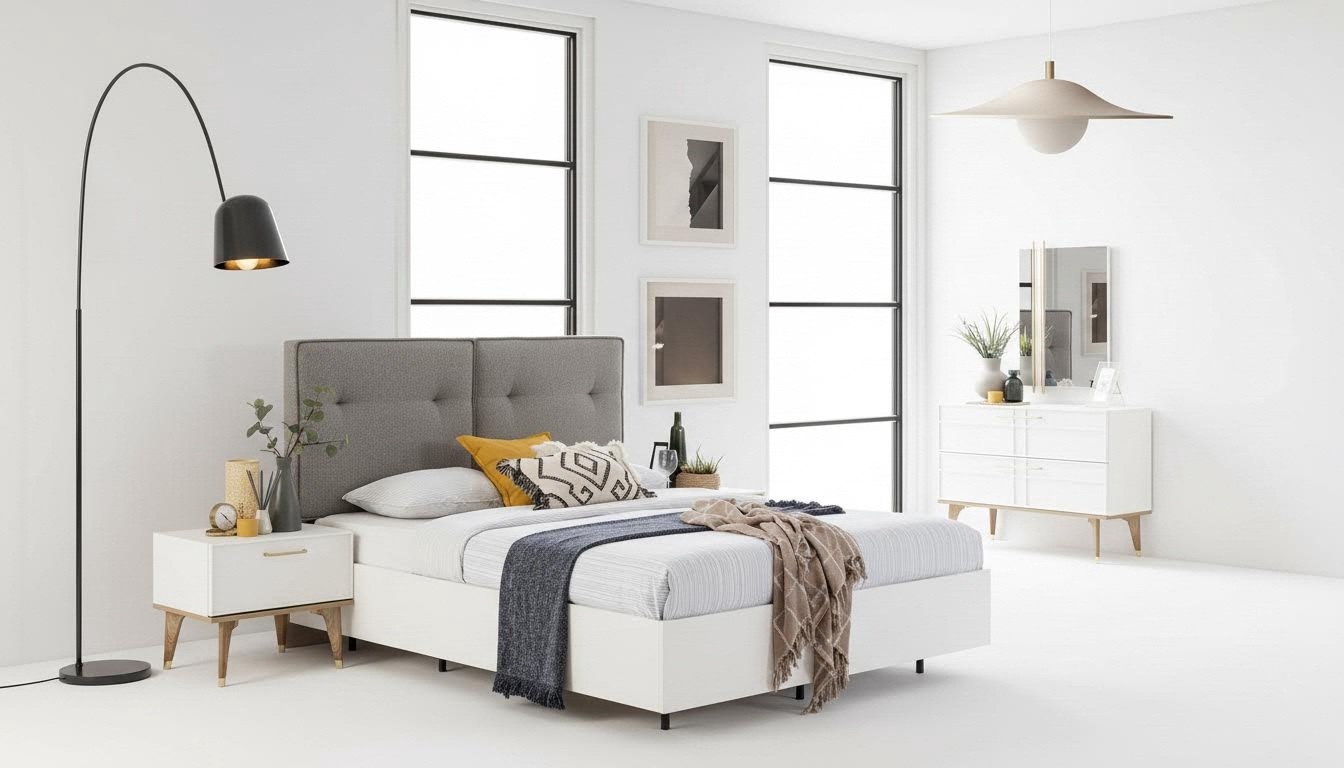 Bedroom Set Double Bed Complete Bed White Fabric 3pcs Modern