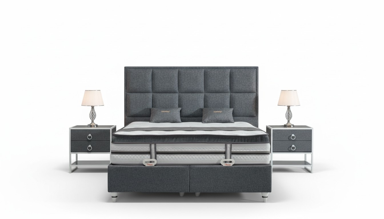 Bedroom set gray bed design modern luxury 2x bedside tables 3 pcs.