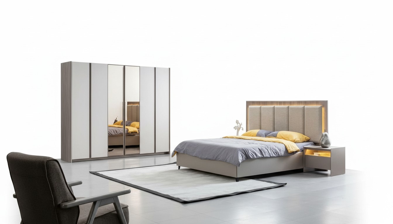 Bedroom set gray bed with 2 nightstands & spacious wardrobe 4-piece.