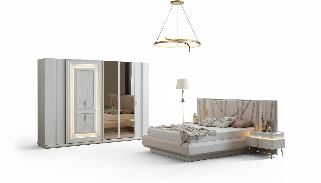 Bedroom set luxury bed 2x bedside table wardrobe 4-piece furniture