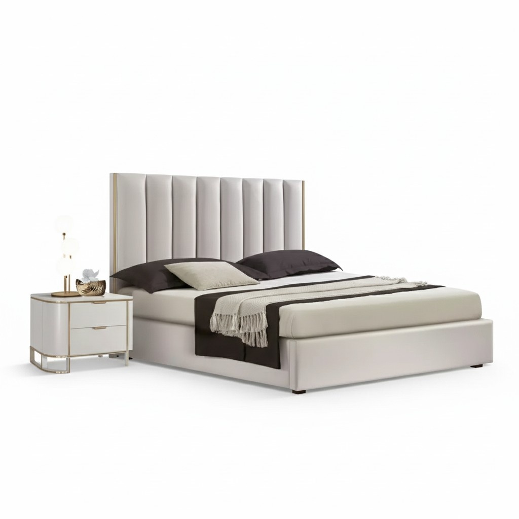 Bedroom Set Luxury Bed 2x Bedside Tables Design White 3pcs Modern