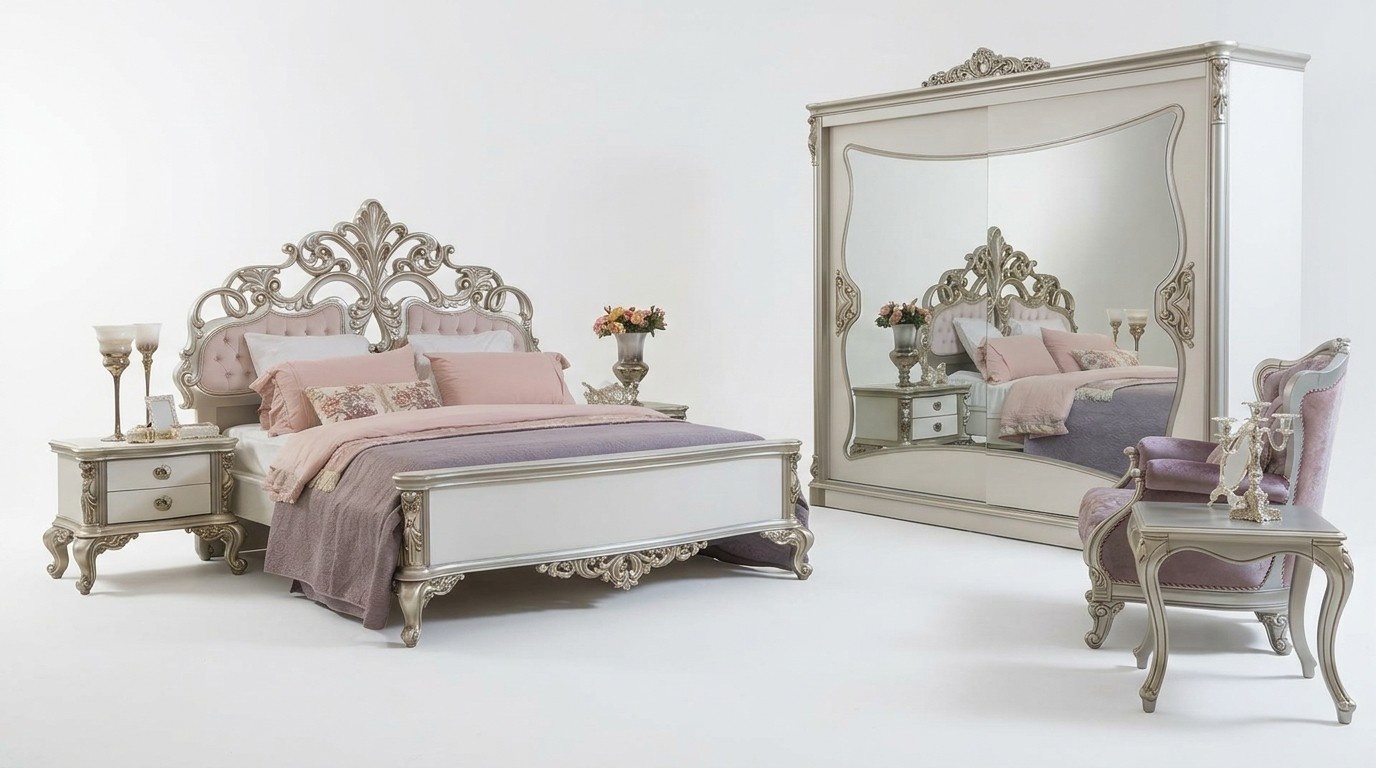 Bedroom Set Luxury Bed 2x Bedside Table Wardrobe Armchair 6pcs.