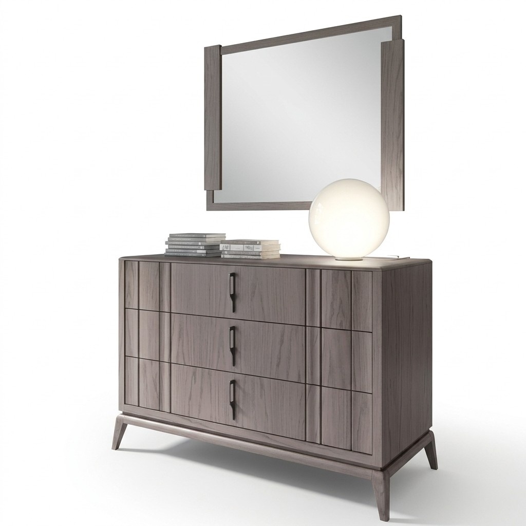 Bedroom Set Luxury Chest of Drawers Mirror Design Sideboard Brown 2pcs Wood