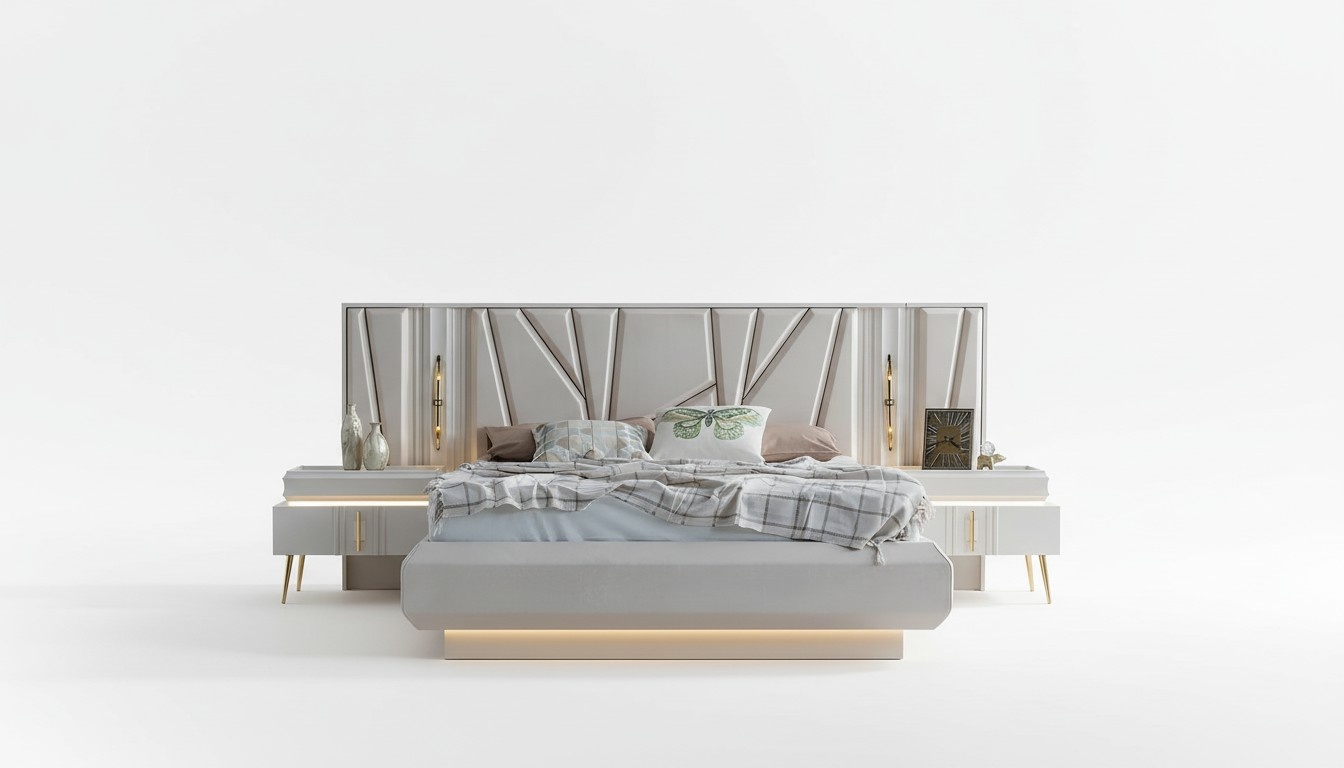 Bedroom set luxury complete bed +2x bedside tables 3-piece modern set