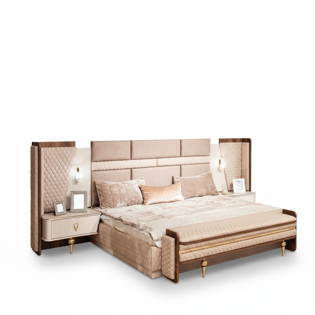 Bedroom Set Luxury Design Bed 2xNightstands Modern Furnishings
