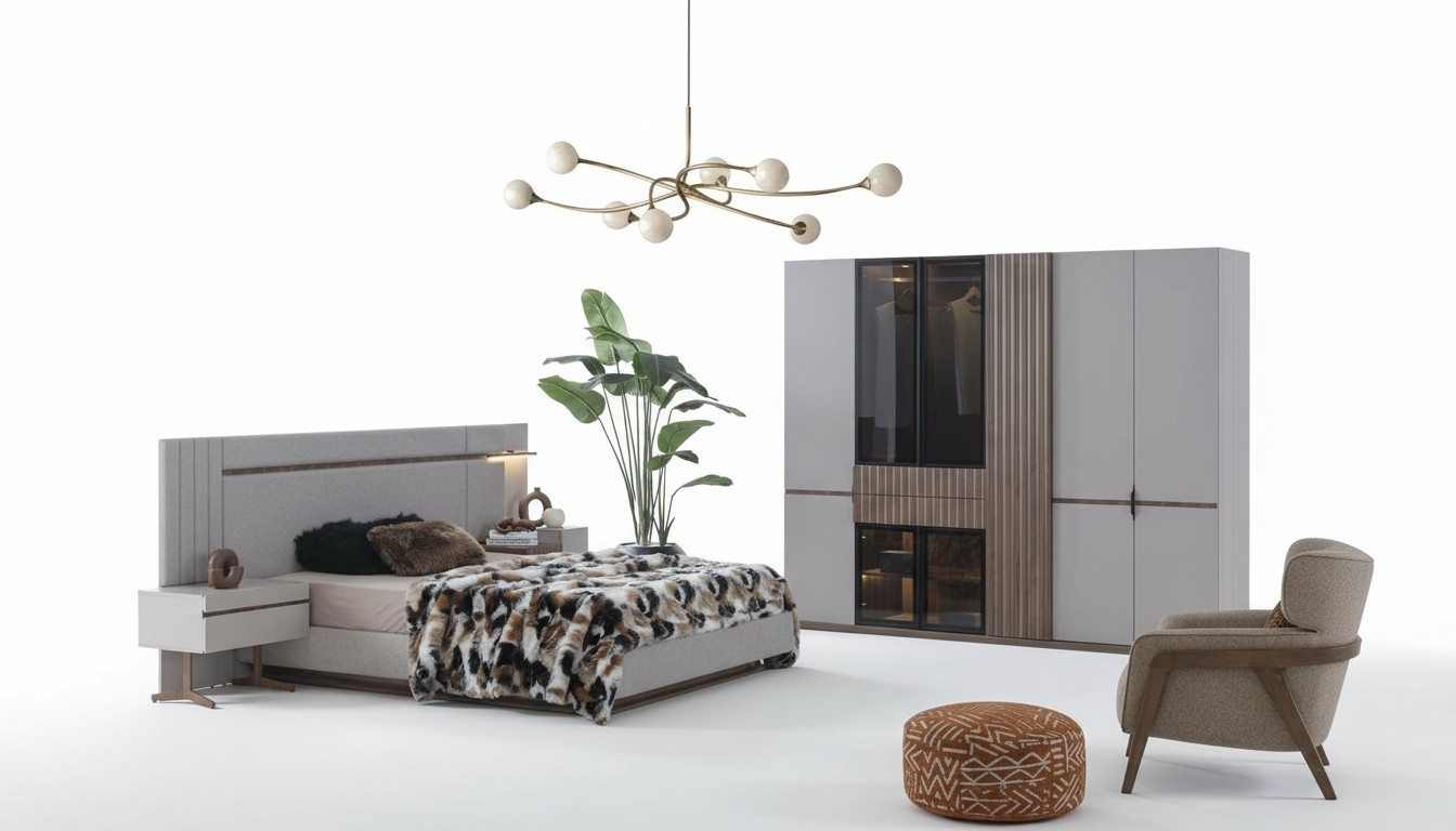 Bedroom set luxury design bed 2x bedside table wardrobe 4 pcs new