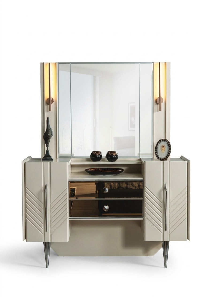 Bedroom Set Luxury White Dressing Table Mirror Designer 2pc Set
