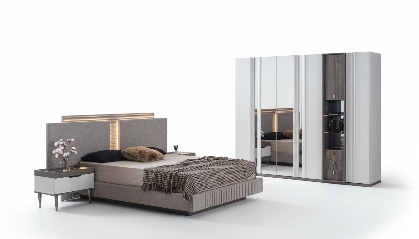Bedroom set modern bed 2x bedside table and wardrobe 4 pcs new