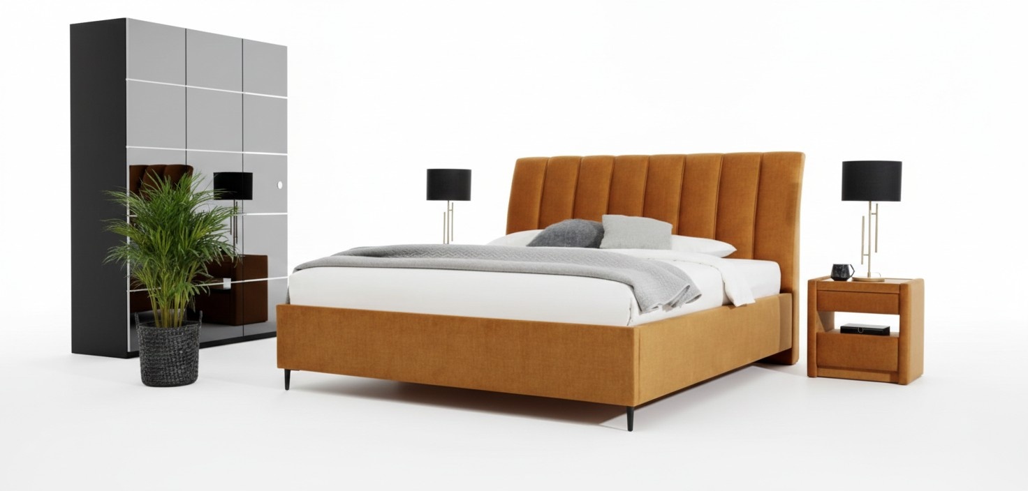 Bedroom Set Orange Bed Elegant 2x Bedside Tables Complete Set 3pcs.