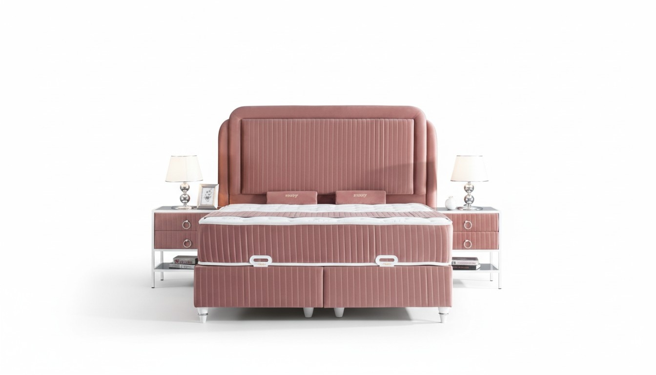 Bedroom Set Pink Metal Bed Style 2x Bedside Tables Modern 3pcs.